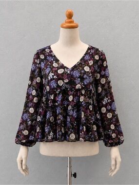 Coco Jaimeson Women’s Boho Floral Print Ruffle Blouse  V-Neck Tiered Peplum